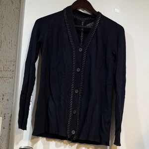 All Saints Navy Blue Button-Up Cashmere Cardigan with Chain Detail